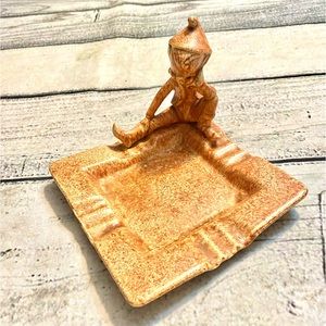Vintage glass little boy elf brown square ash tray.